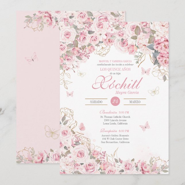 Blush Pink Tea Roses Butterfly Garden Quinceanera Invitation (Front/Back)