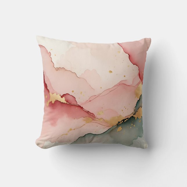 Blush Pink Teal Gold Abstract Throw Pillow (Front)