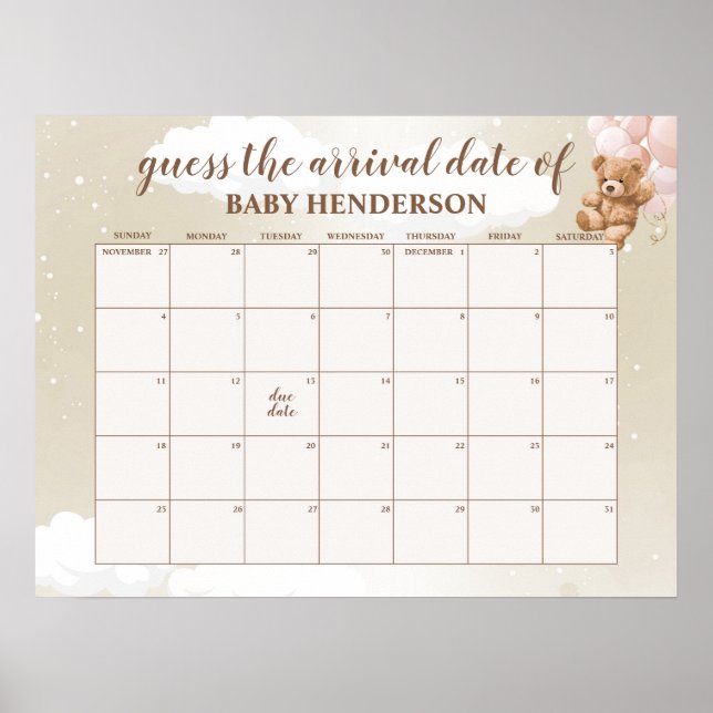 Blush Pink Teddy Bear Guess The Due Date Calendar Poster (Front)