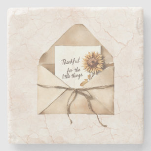 Blush Pink Thankful Envelope Sunflower Stone Coaster