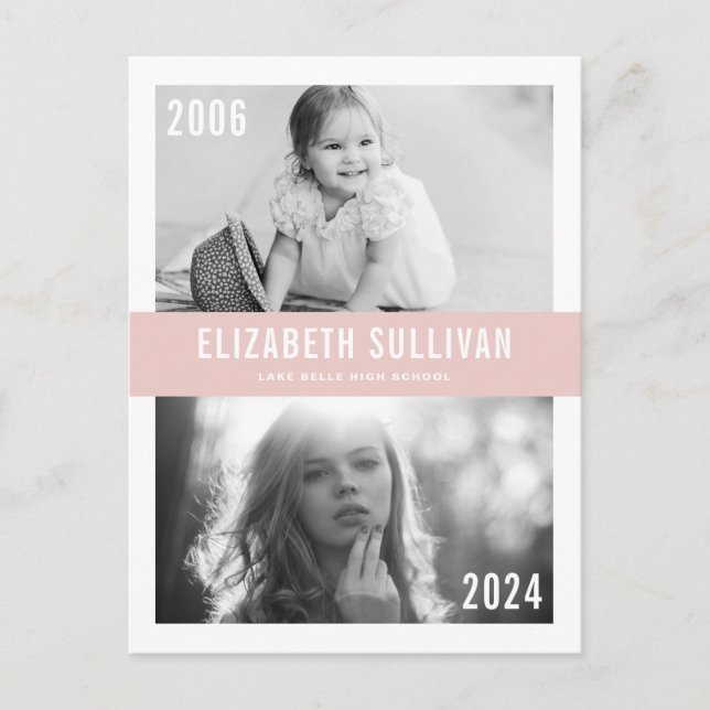 Blush Pink Then and Now Photo Collage Graduation Postcard (Front)
