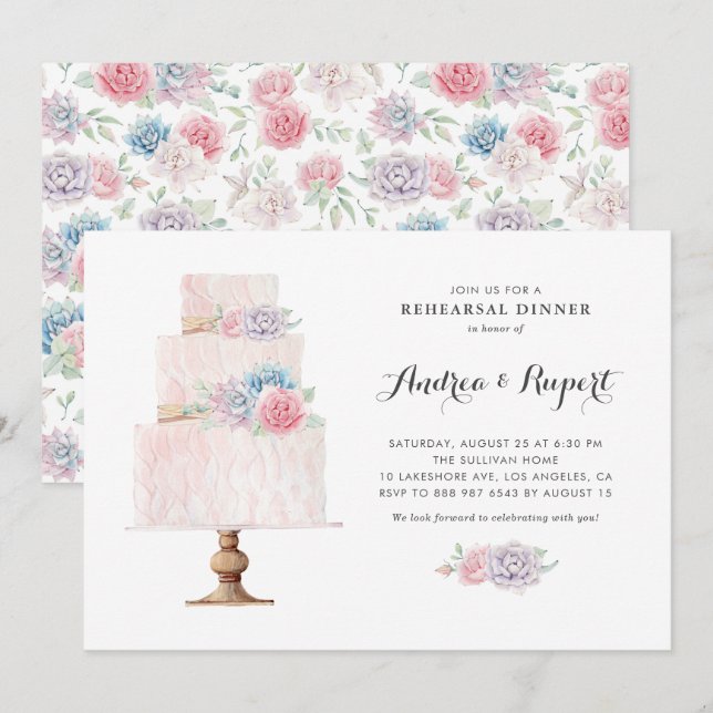 Blush Pink Tiered Cake Succulents Rehearsal Dinner Invitation (Front/Back)