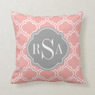 Blush Pink Tile Lattice Pattern Grey Monogram Throw Pillow