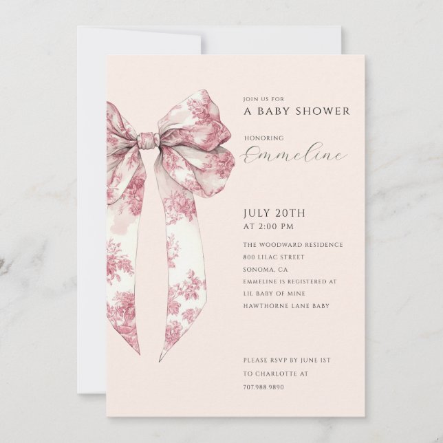 Blush Pink Toile Bow Baby Shower  Invitation (Front)