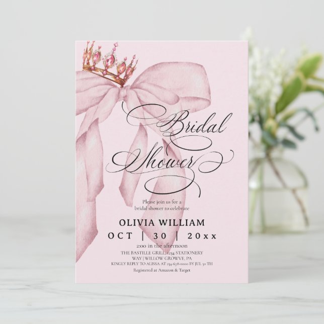 Blush Pink Trendy Bow Bridal Shower Invitation (Standing Front)