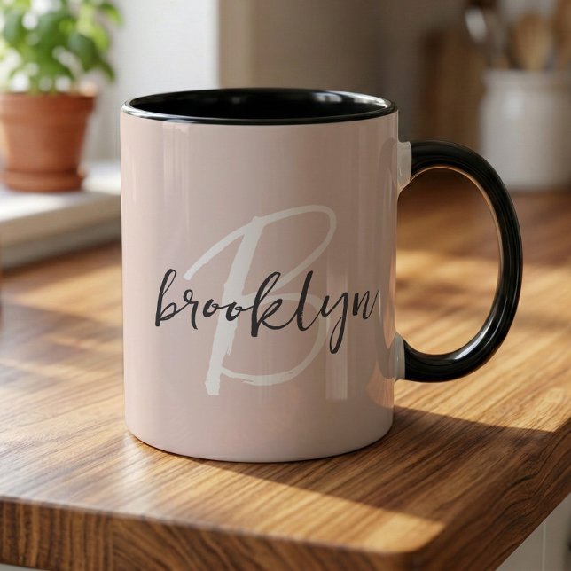 Blush Pink Trendy Grey Script Monogram Name Mug (Creator Uploaded)
