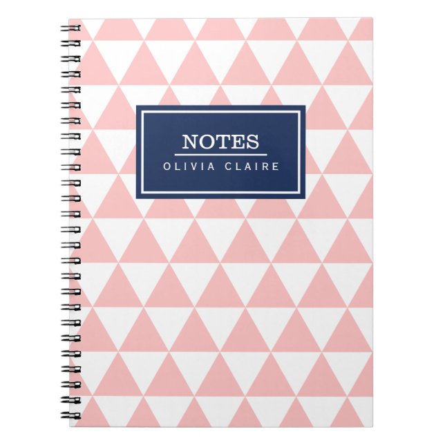 Blush Pink Triangle Pattern Navy Name Template Notebook (Front)