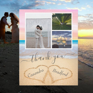 Blush Pink Tropical Beach Hearts in Sand Wedding Thank You Card