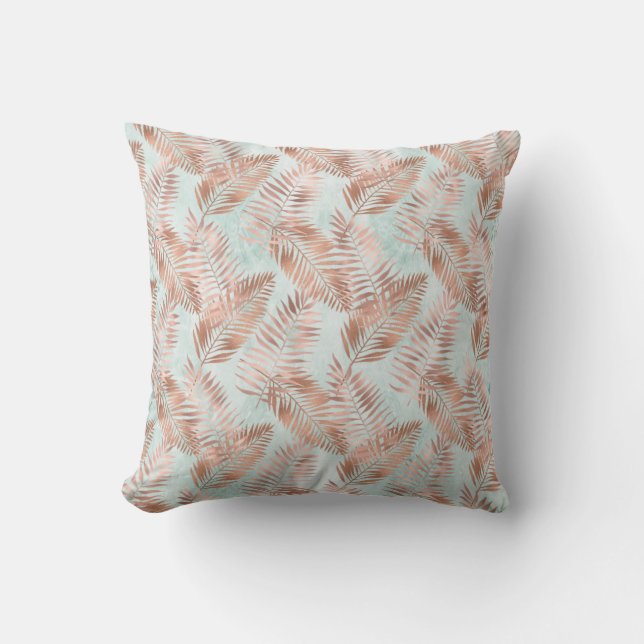 Blush Pink Tropical Leaves and Teal Throw Pillow (Front)