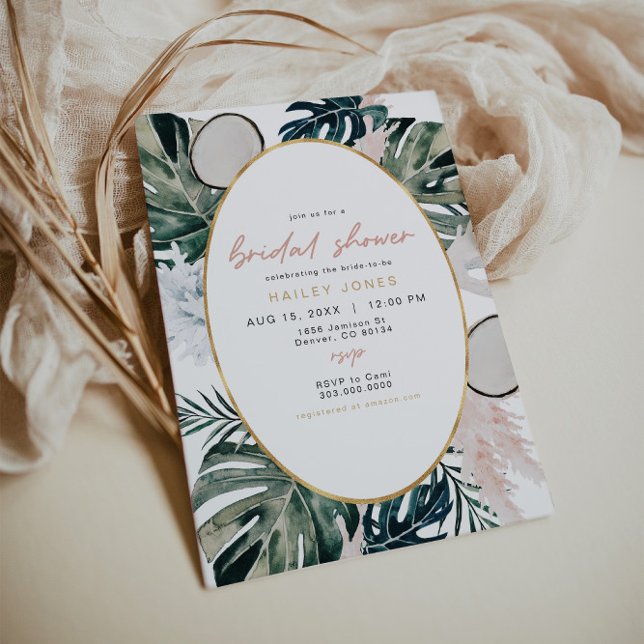Blush Pink Tropical Palm Pampas Bridal Shower Invi Invitation (Creator Uploaded)