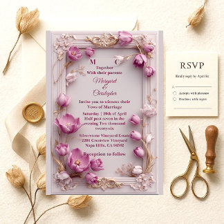 Blush Pink Tulips Baroque Opulent Ivory Wedding  Invitation