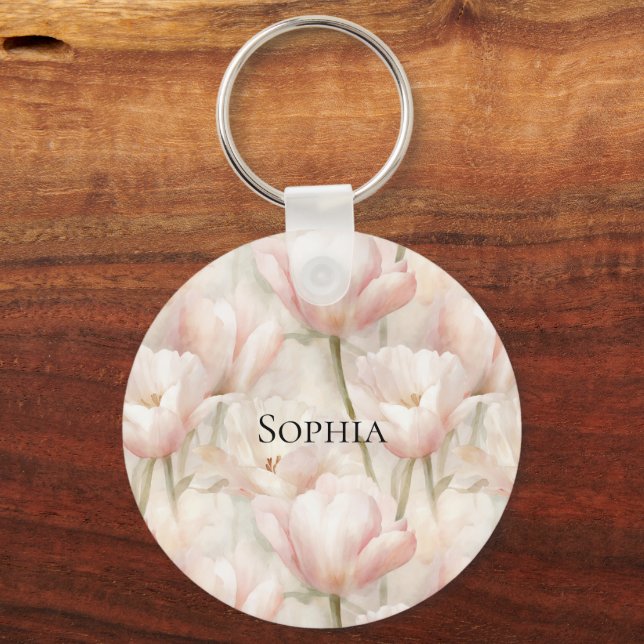 Blush Pink Tulips Floral  Keychain (Front)