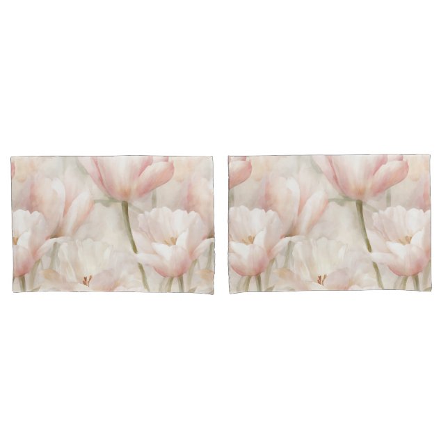 Blush Pink Tulips Floral  Pillowcase (Front-Set)