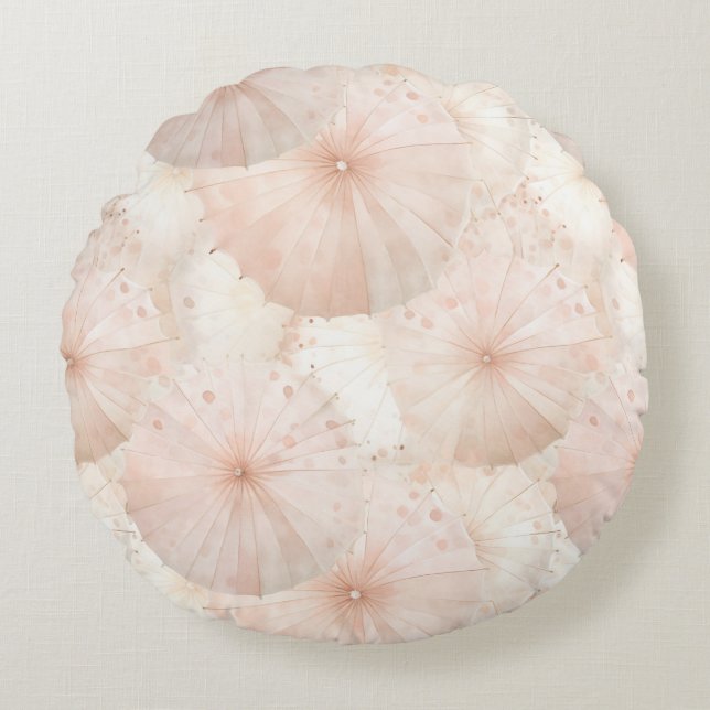 Blush Pink Umbrellas Stripes Round Pillow (Front)