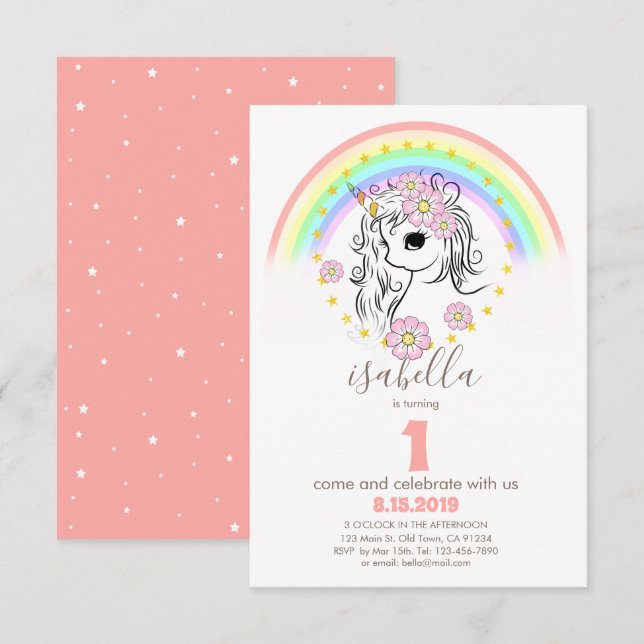 Blush Pink Unicorn Birthday Invitation (Front/Back)