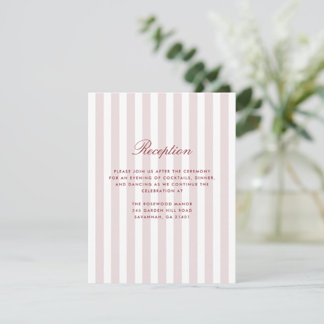 Blush Pink Vertical Stripes Modern Reception Card (Standing Front)