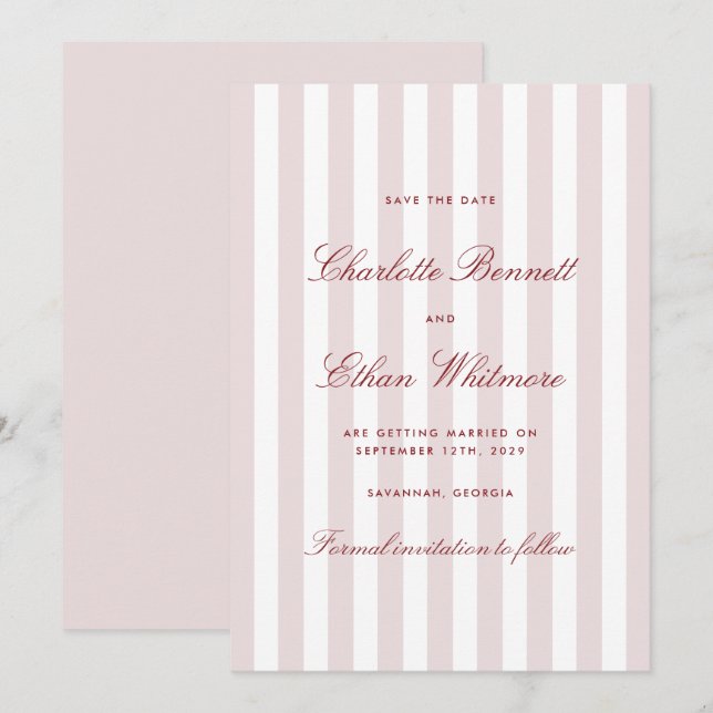 Blush Pink Vertical Stripes Modern Save the Date  Invitation (Front/Back)