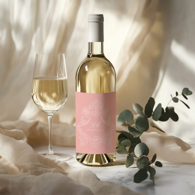 Blush Pink Victorian Crest Monogram Wine Label (Creator Uploaded)