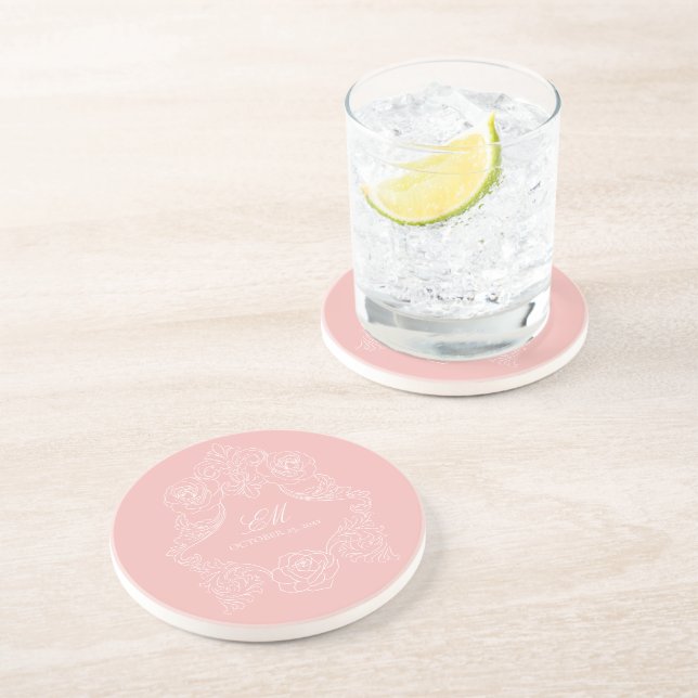 Blush Pink Victorian Wedding Crest Monogram Coaster (Side)