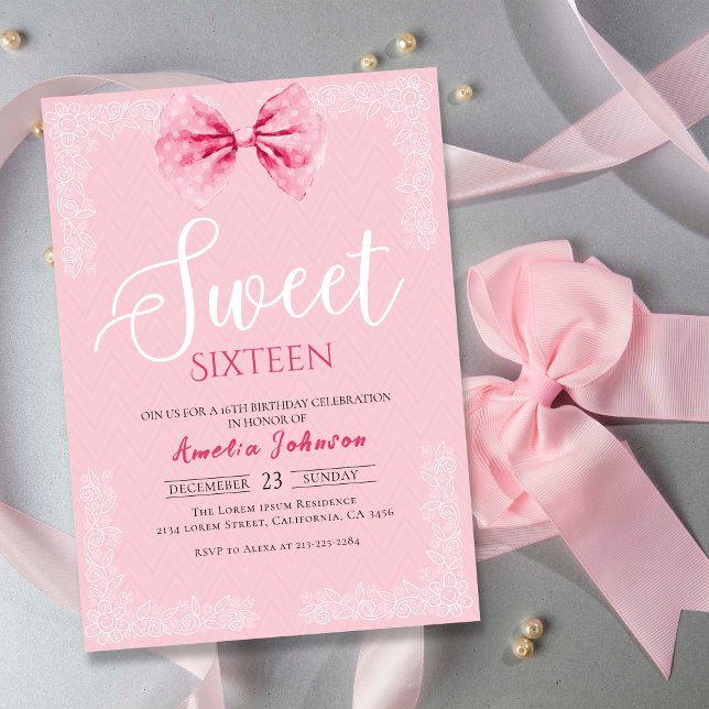 Blush Pink vintage Bow Sweet sixteen birthday Invitation (Creator Uploaded)