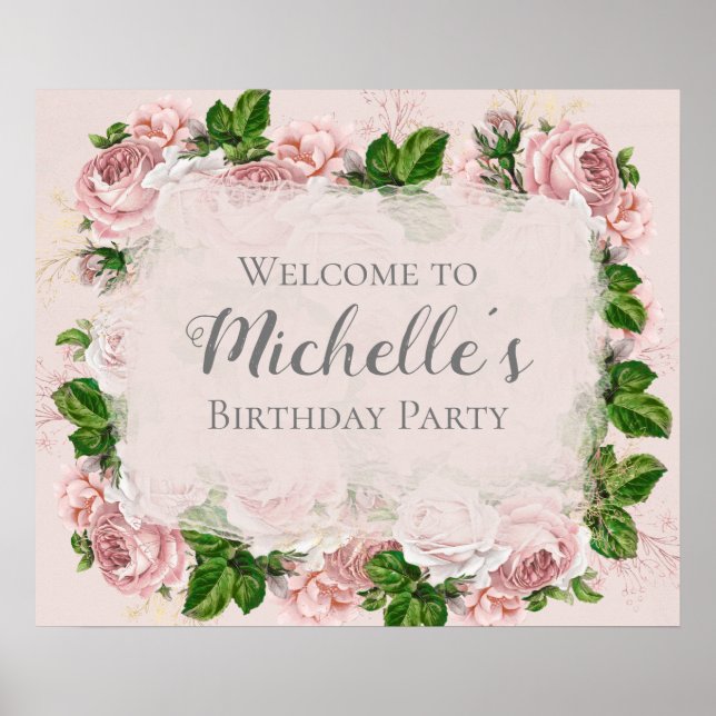 Blush Pink Vintage Floral Birthday Welcome Poster (Front)