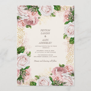 Blush Pink Vintage Floral Gold Glitter Wedding Invitation
