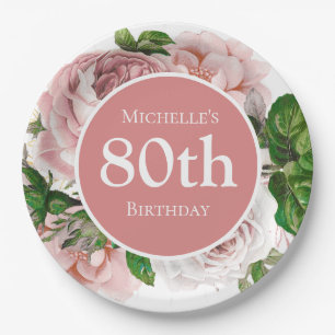 Blush Pink Vintage Floral Greenery 80th Birthday Paper Plate