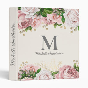Blush Pink Vintage Floral Monogram Name Initial Binder
