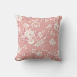 Blush Pink Vintage Rose Toile Floral Pattern Throw Pillow