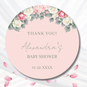 Blush Pink Vintage Roses Baby Shower Thank You Classic Round Sticker