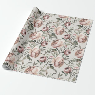 Blush Pink Vintage Roses & Ranunculus Vine Wrapping Paper