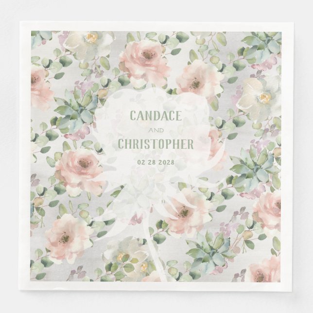 Blush Pink Vintage Roses Succulents & Eucalyptus   Napkin (Front)