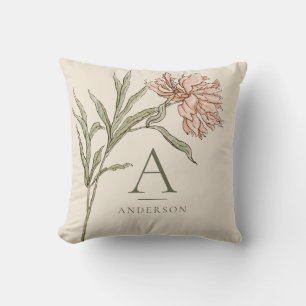 Blush Pink Vintage Watercolor Floral Monogram Throw Pillow
