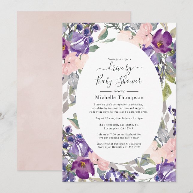 Blush Pink, Violet and Plum Drive By Shower Invitation (Front/Back)