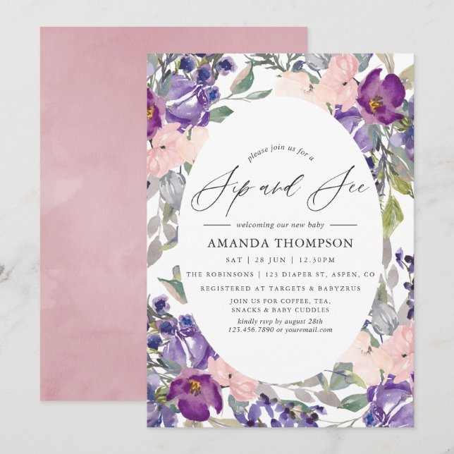 Blush Pink, Violet and Plum Floral Sip and See Invitation (Front/Back)