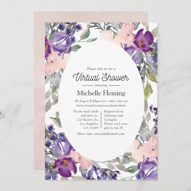 Blush Pink, Violet and Plum Virtual Baby Shower Invitation (Front/Back)