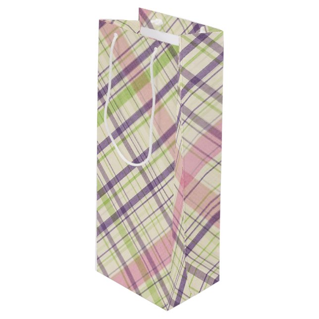 Blush Pink Violet Purple Lime Green Tartan Pattern Wine Gift Bag (Front Angled)
