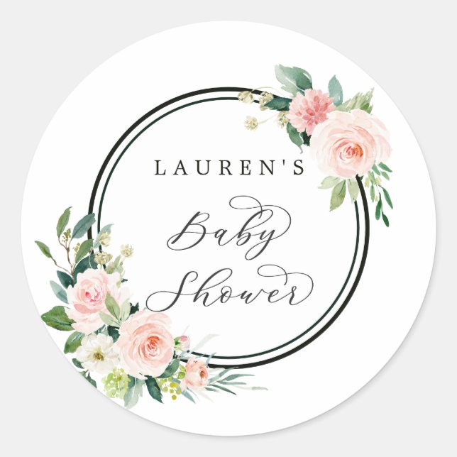Blush Pink Watercolor Bloom Baby Shower Classic Round Sticker (Front)