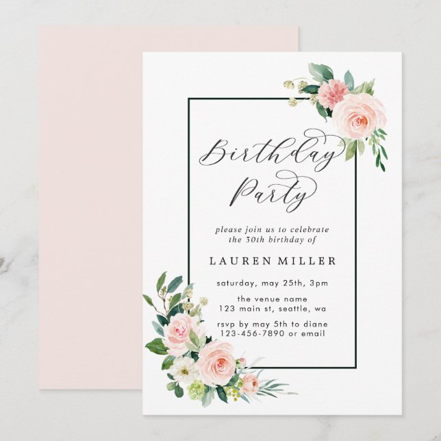 Blush Pink Watercolor Bloom Birthday Party Invitation (Front/Back)