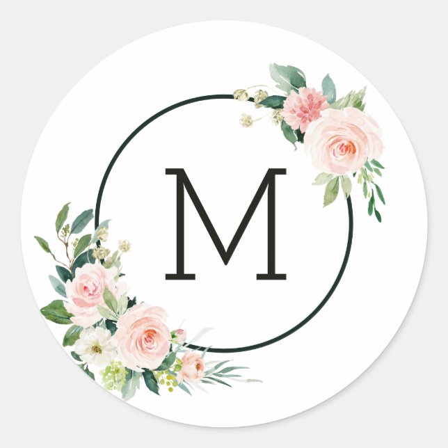 Blush Pink Watercolor Bloom Monogram Classic Round Sticker (Front)