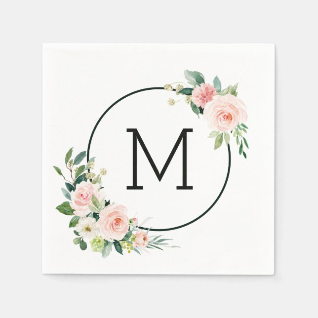 Blush Pink Watercolor Bloom Monogram Napkin (Front)