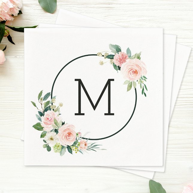 Blush Pink Watercolor Bloom Monogram Napkin (Creator Uploaded)