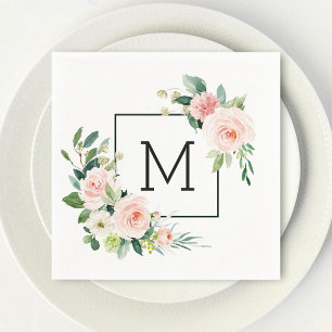 Blush Pink Watercolor Bloom Monogram Napkin