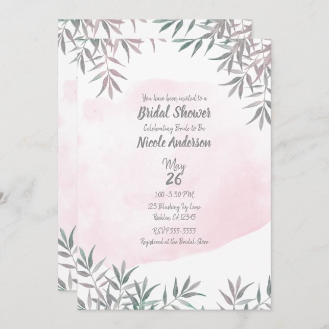 Blush Pink Watercolor Botanical Chic Bridal Shower Invitation (Front/Back)