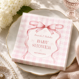 Blush Pink Watercolor Bow Gingham Baby Girl Shower Napkin
