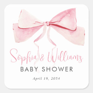 Blush Pink Watercolor Bow Ribbon Girl Baby Shower Square Sticker