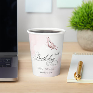Blush Pink Watercolor Butterfly Any Age Birthday Paper Cups