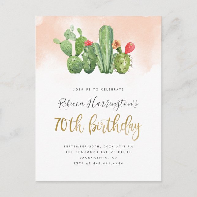 Blush Pink Watercolor & Cactus 70th Birthday Invitation Postcard (Front)