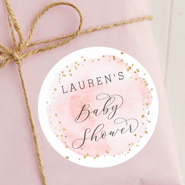 Blush Pink Watercolor Circle Baby Shower Classic Round Sticker (Creator Uploaded)