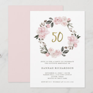 Blush Pink Watercolor Floral   50th Birthday Invitation